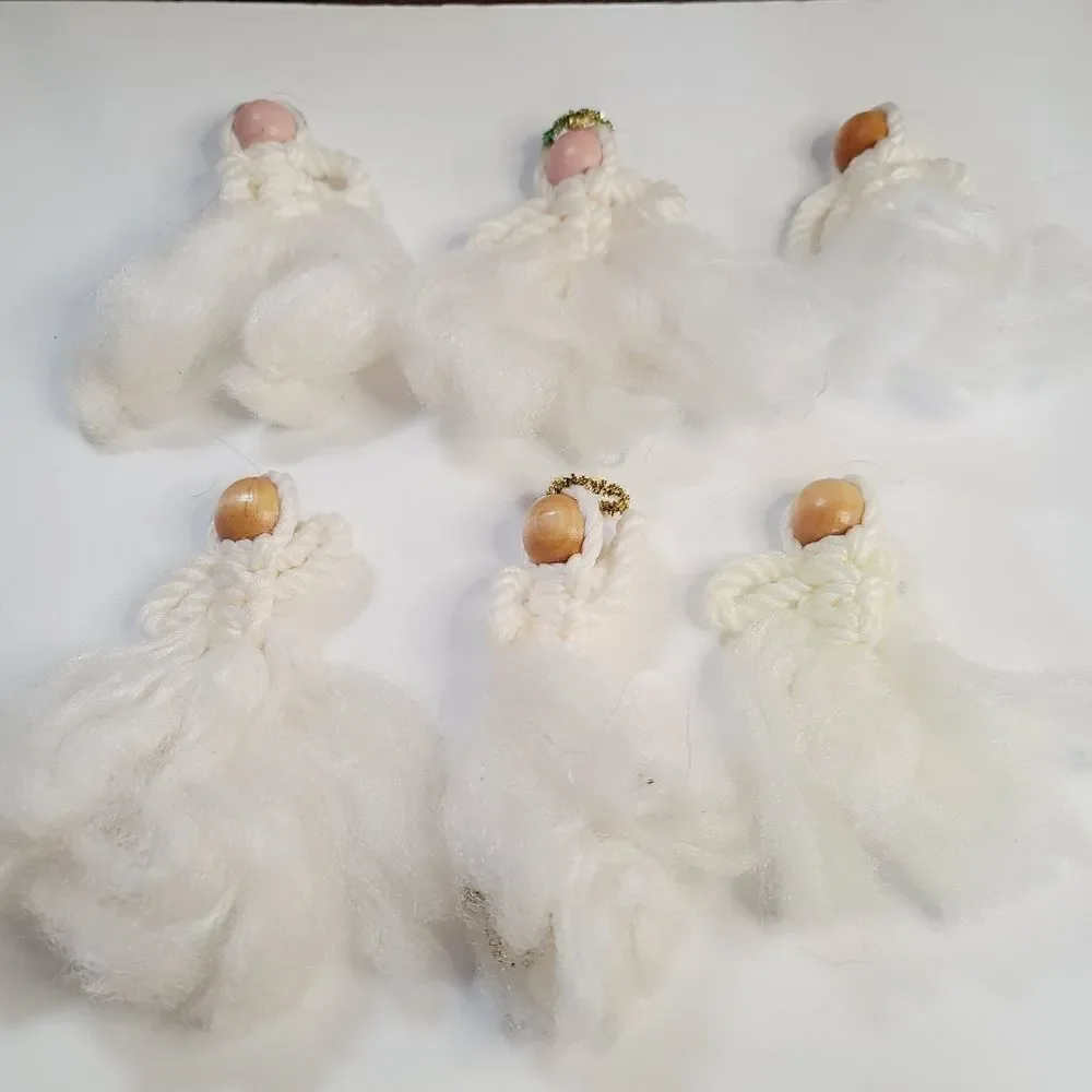 Vintage Macrame Wood Fluffy Angel Ornament Lot of 6